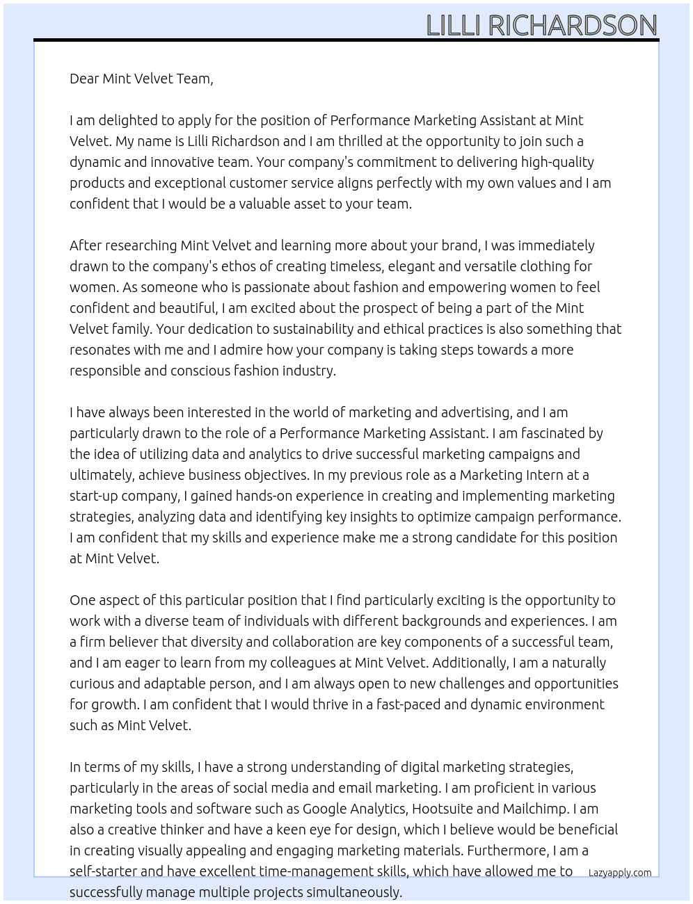 Performance Marketing Assistant At Mint Velvet Cover Letter