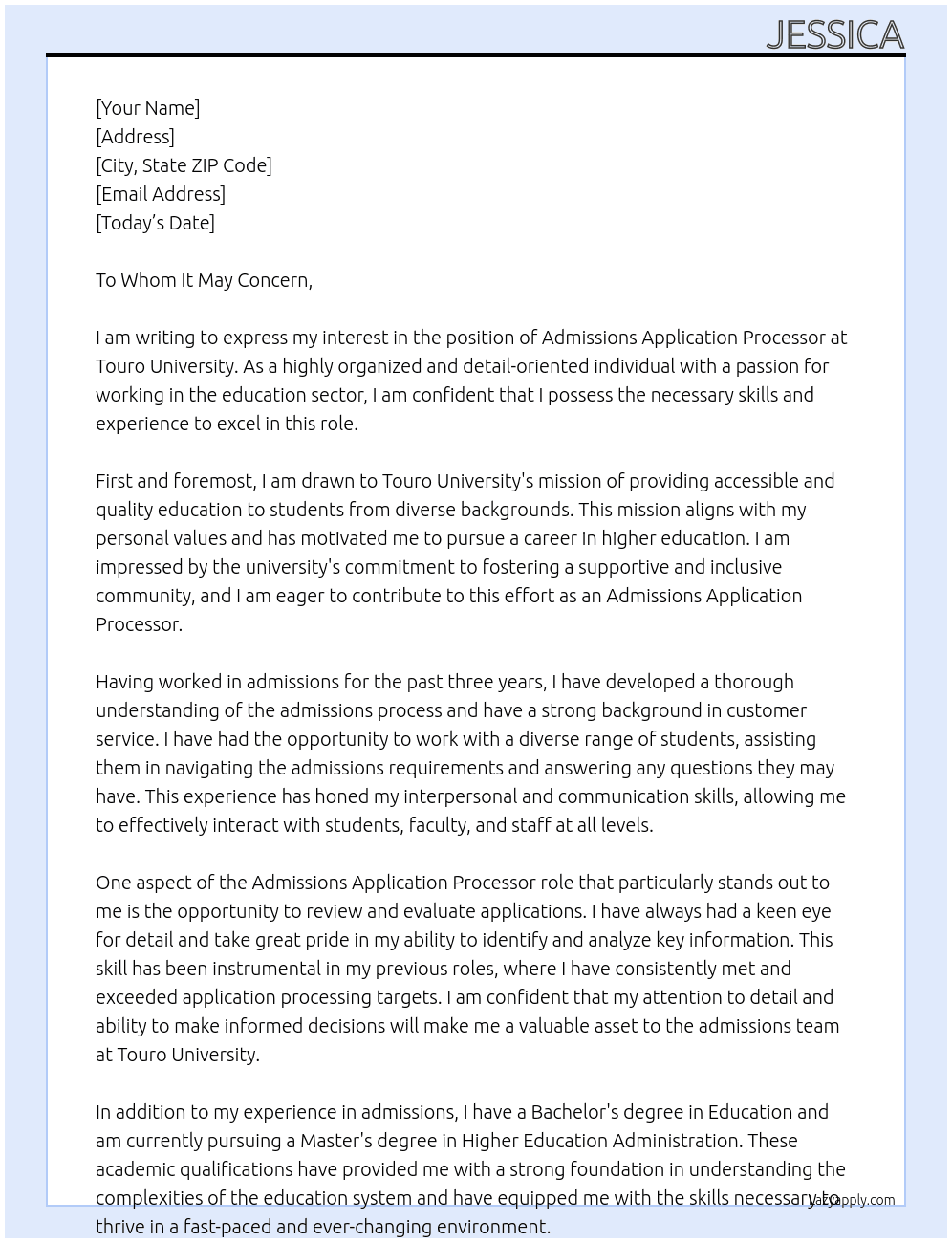 Admissions Application Processor At Touro University Cover Letter