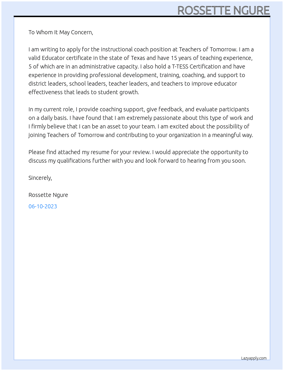 instructional coach At Teachers of Tomorrow Cover Letter