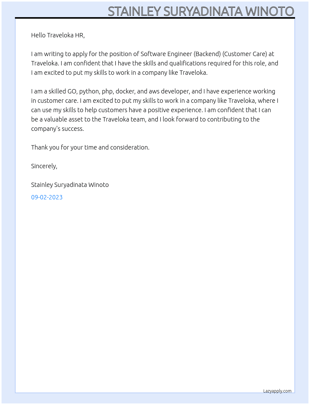 Software Engineer (Backend) (Customer Care) At Traveloka Cover Letter