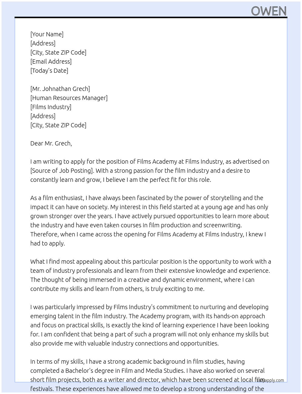 Films Academy At Films industry Cover Letter