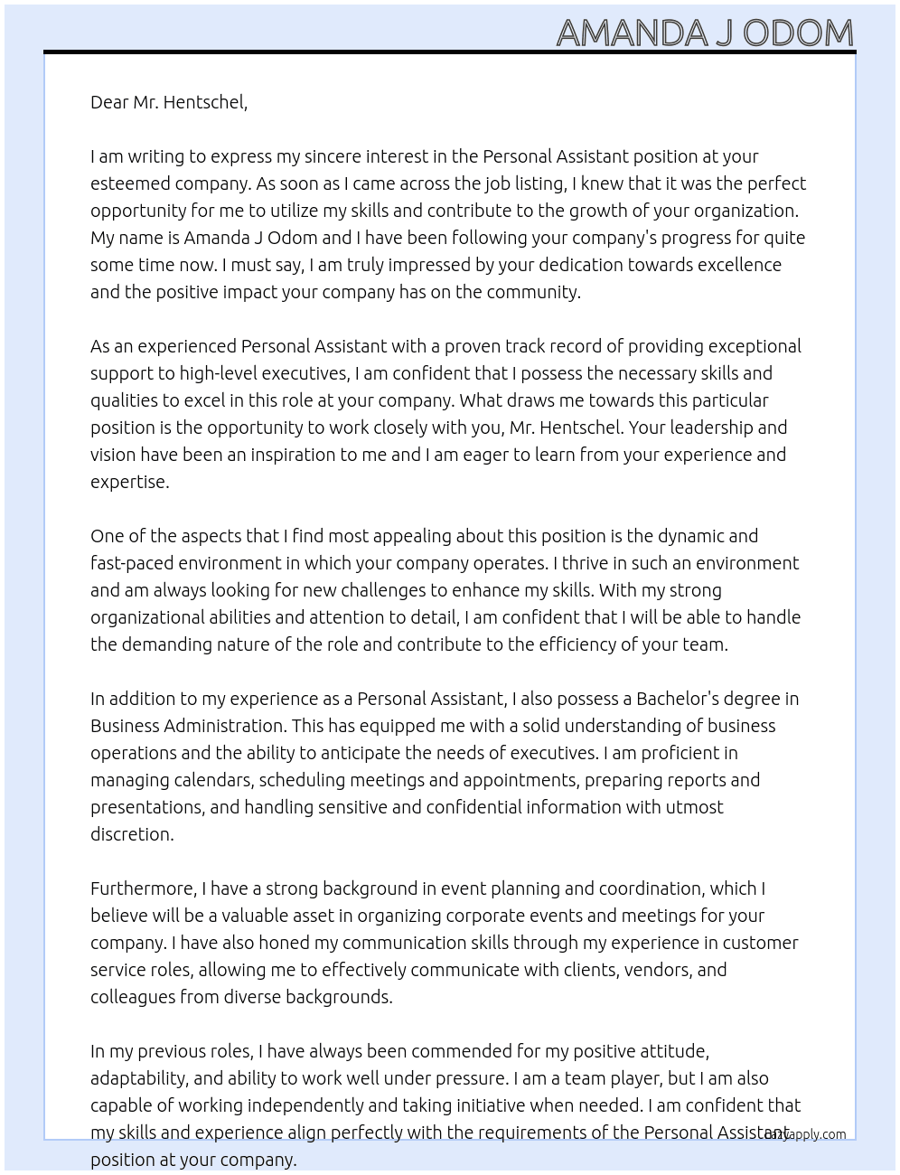 Personal Assistant  At Robert Hentschel  Cover Letter