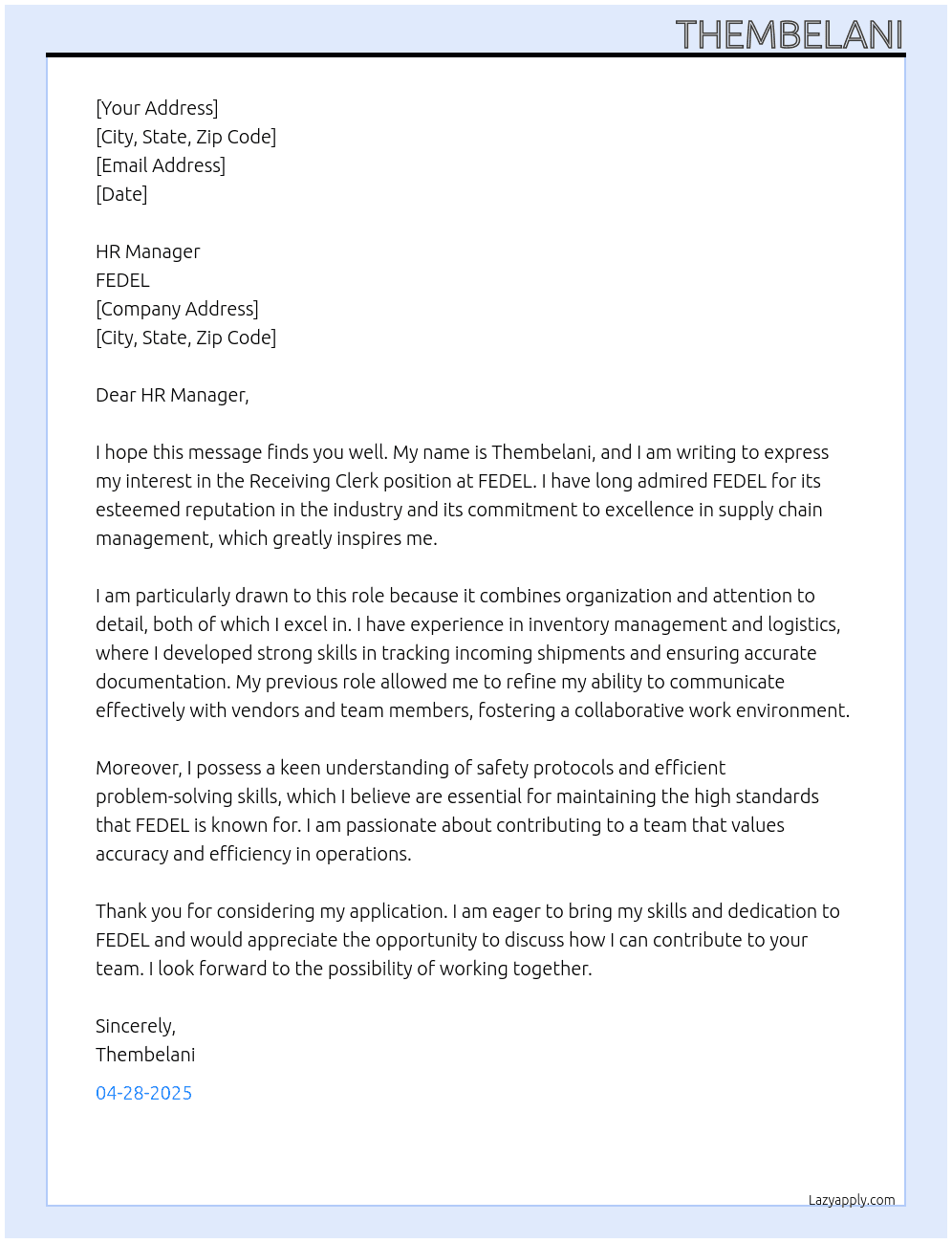 receiving clerk At FEDEL Cover Letter