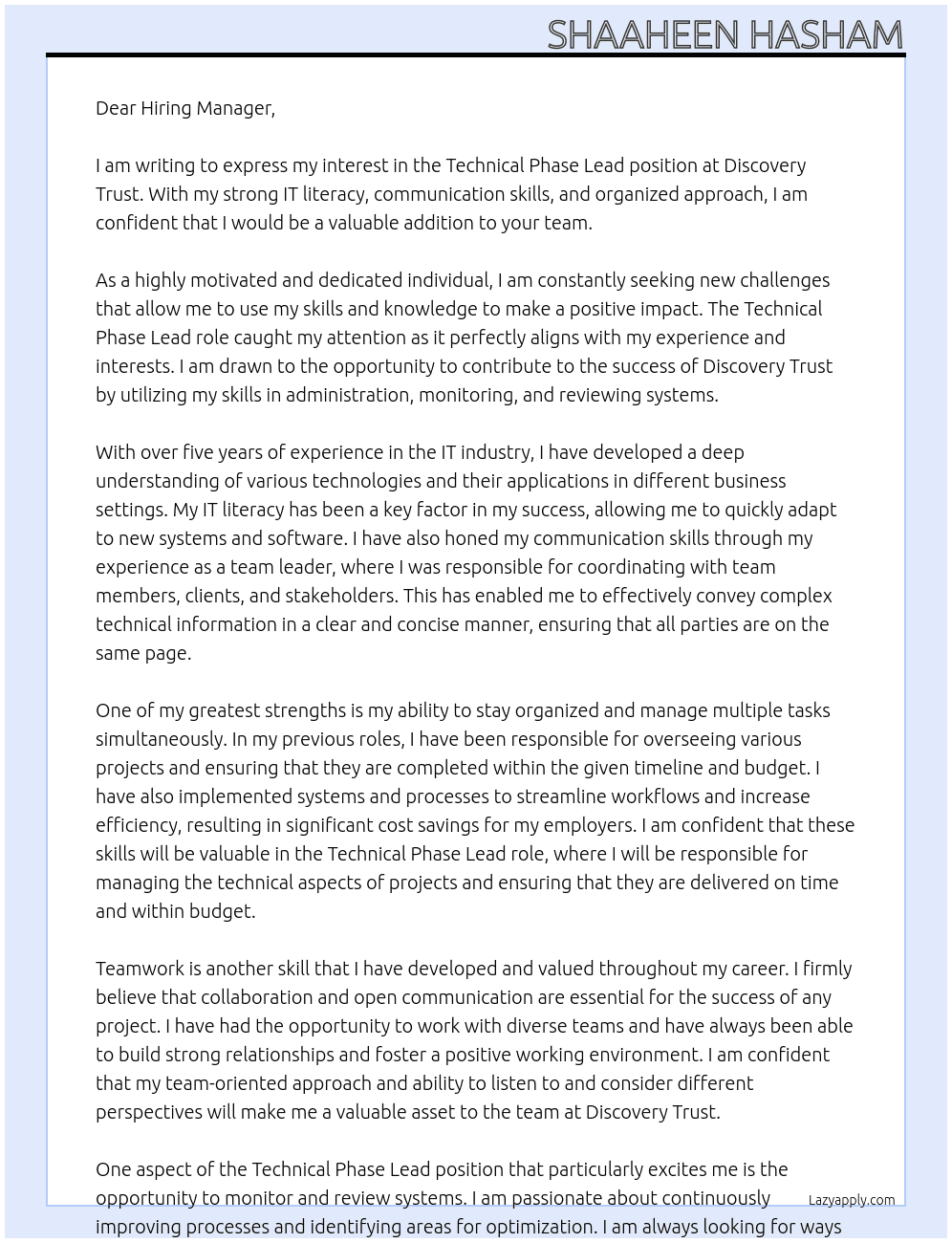 Technical Phase Lead At Discovery Trust Cover Letter