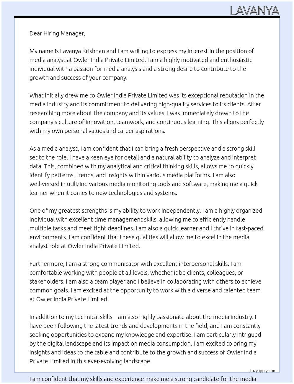 Media Analyst  At Owler India Private Limited  Cover Letter
