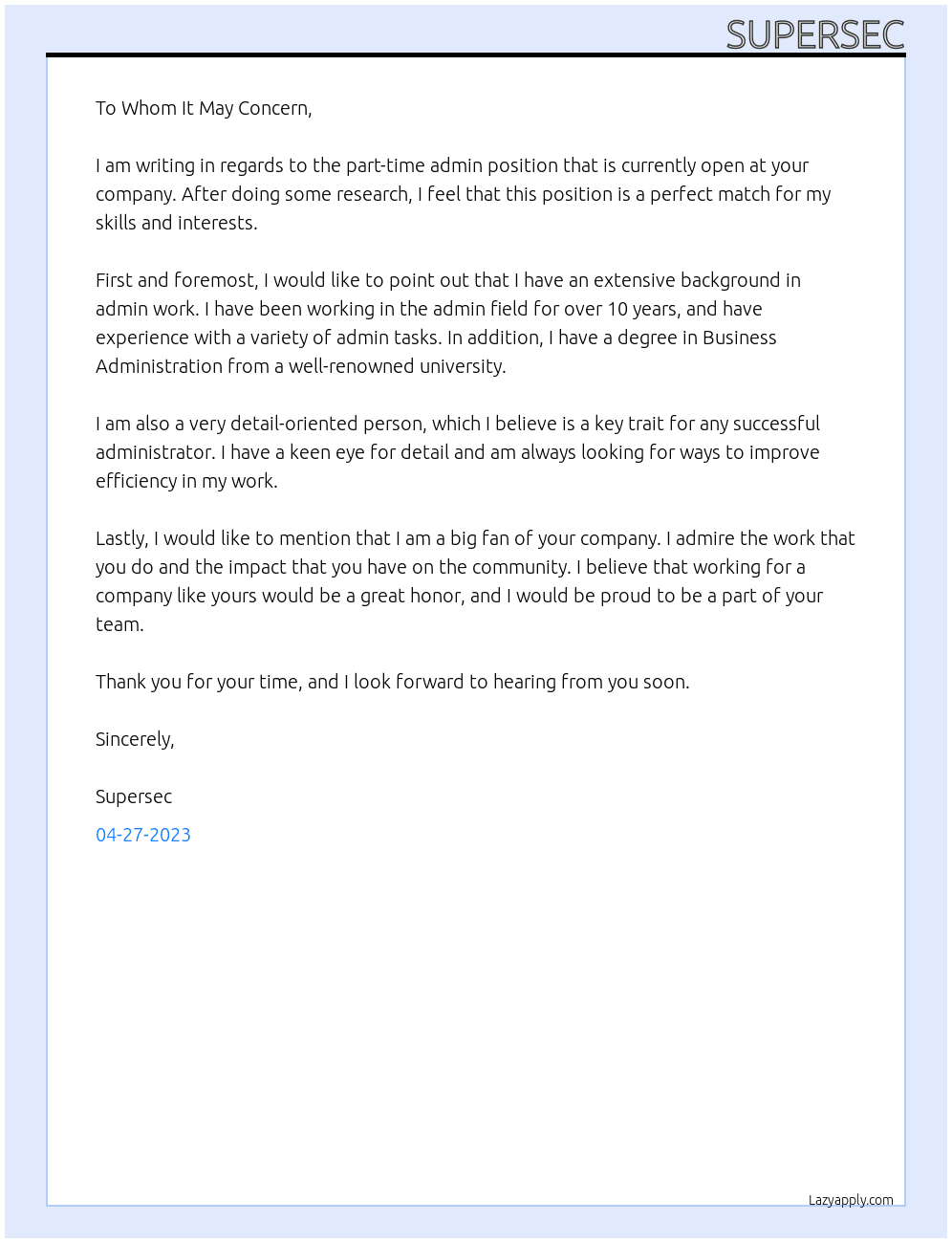 part time admin At uncivil service Cover Letter