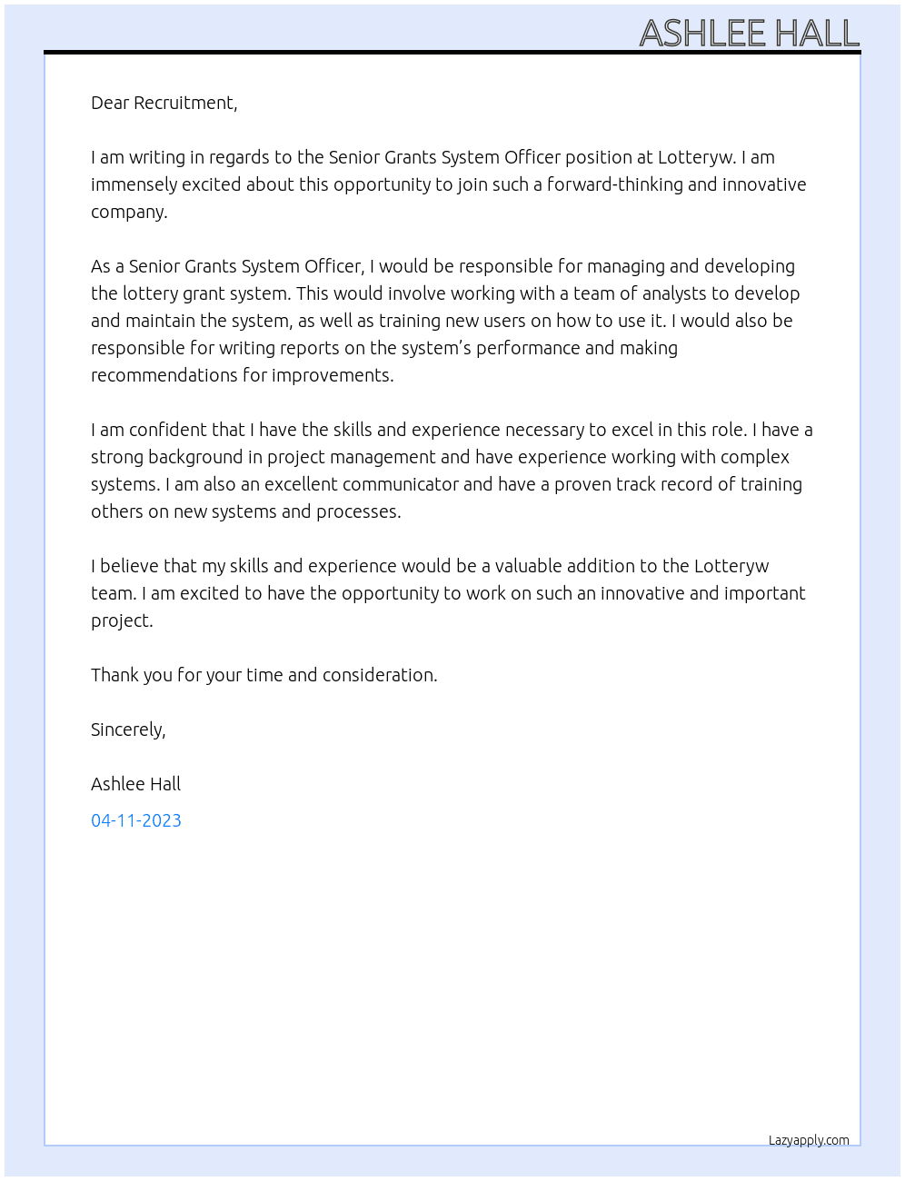Senior Grants System Officer  At Lotteryw Cover Letter