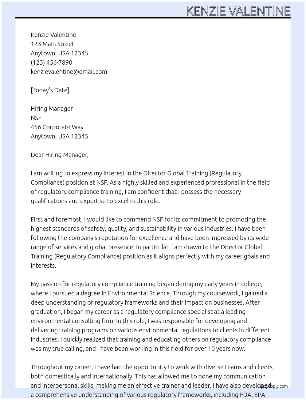 Director Global Training (Regulatory Compliance) At NSF Cover Letter