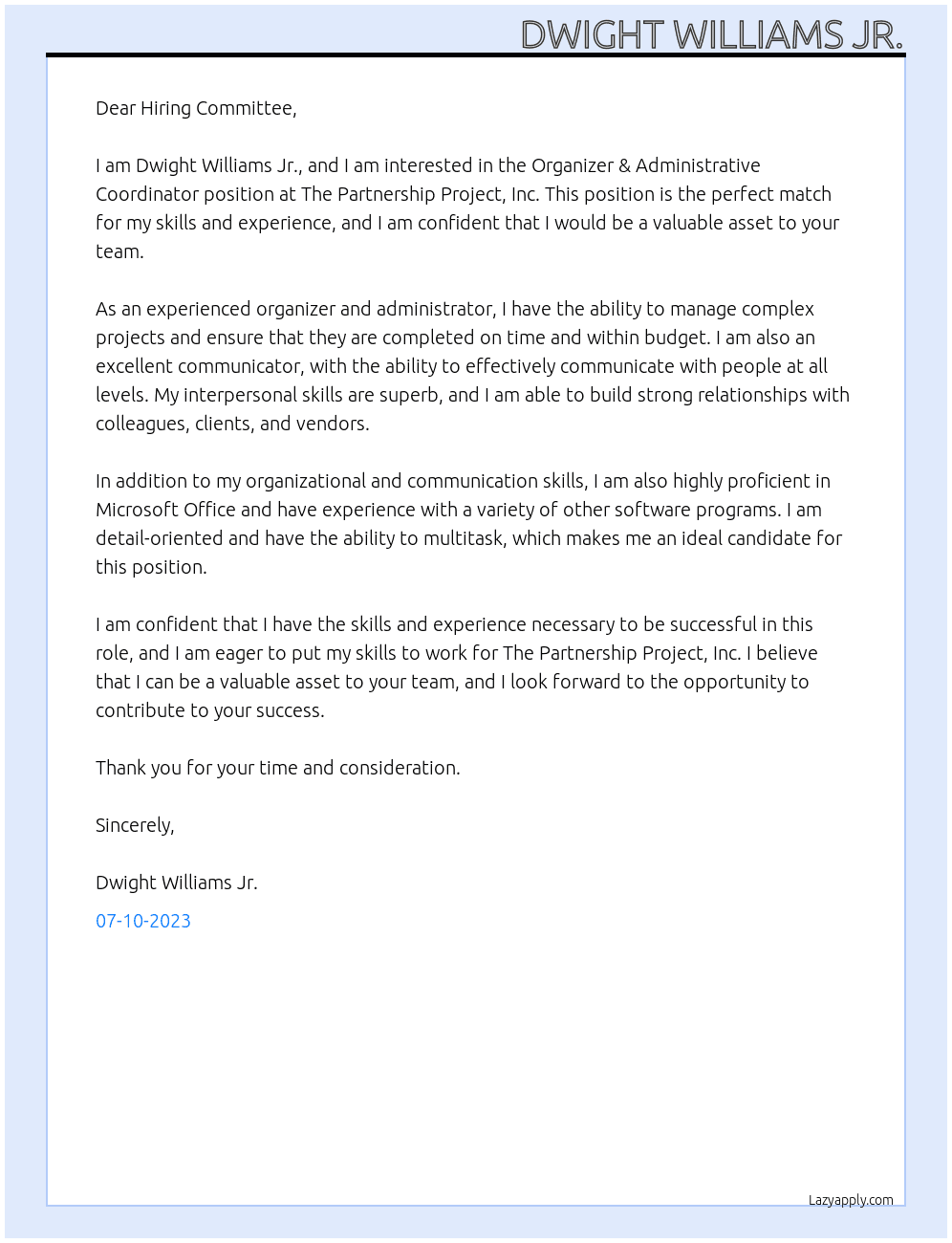 Organizer & Administrative Coordinator At The Partnership Project, Inc. Cover Letter