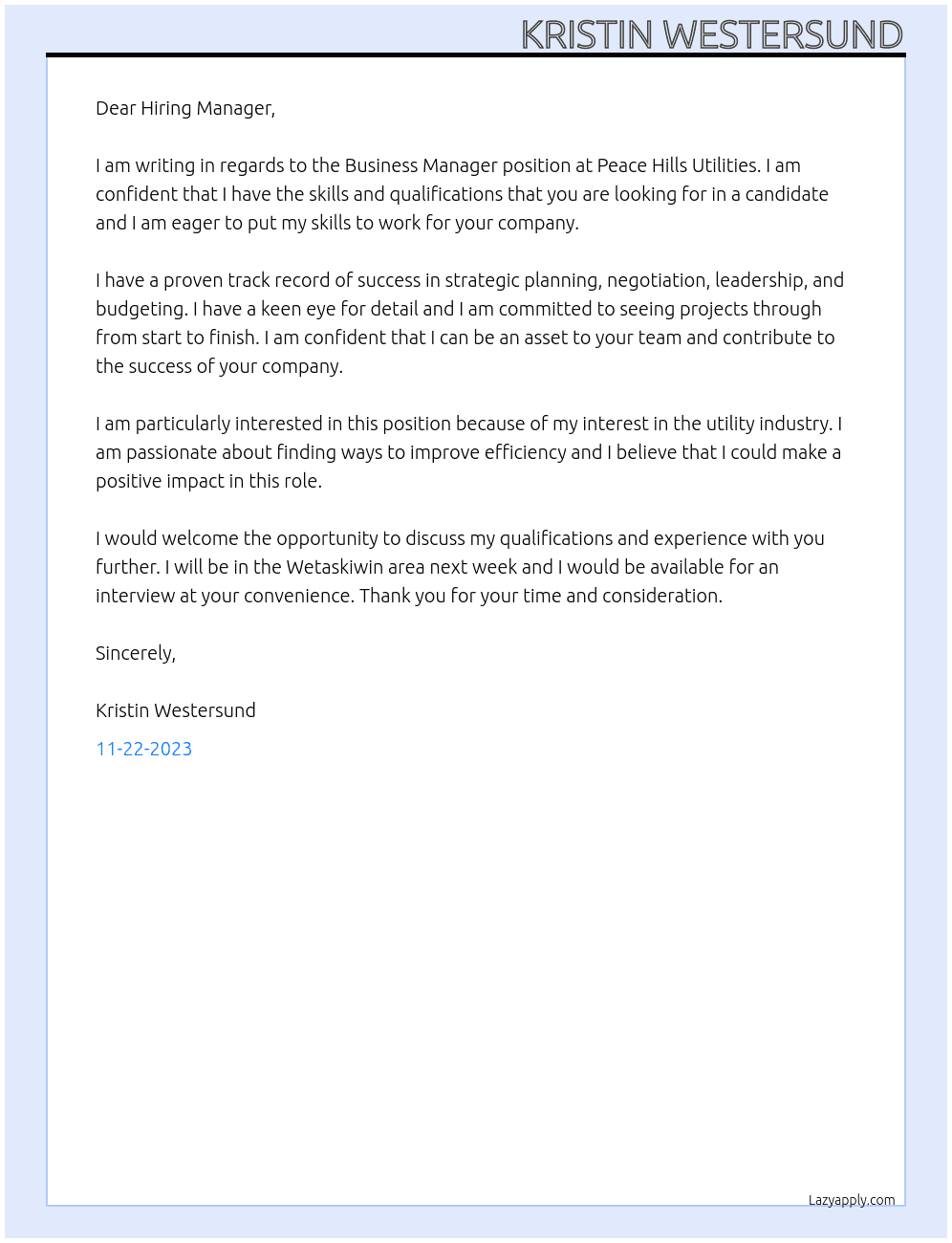 Business Manager At Peace Hills Utilites Cover Letter