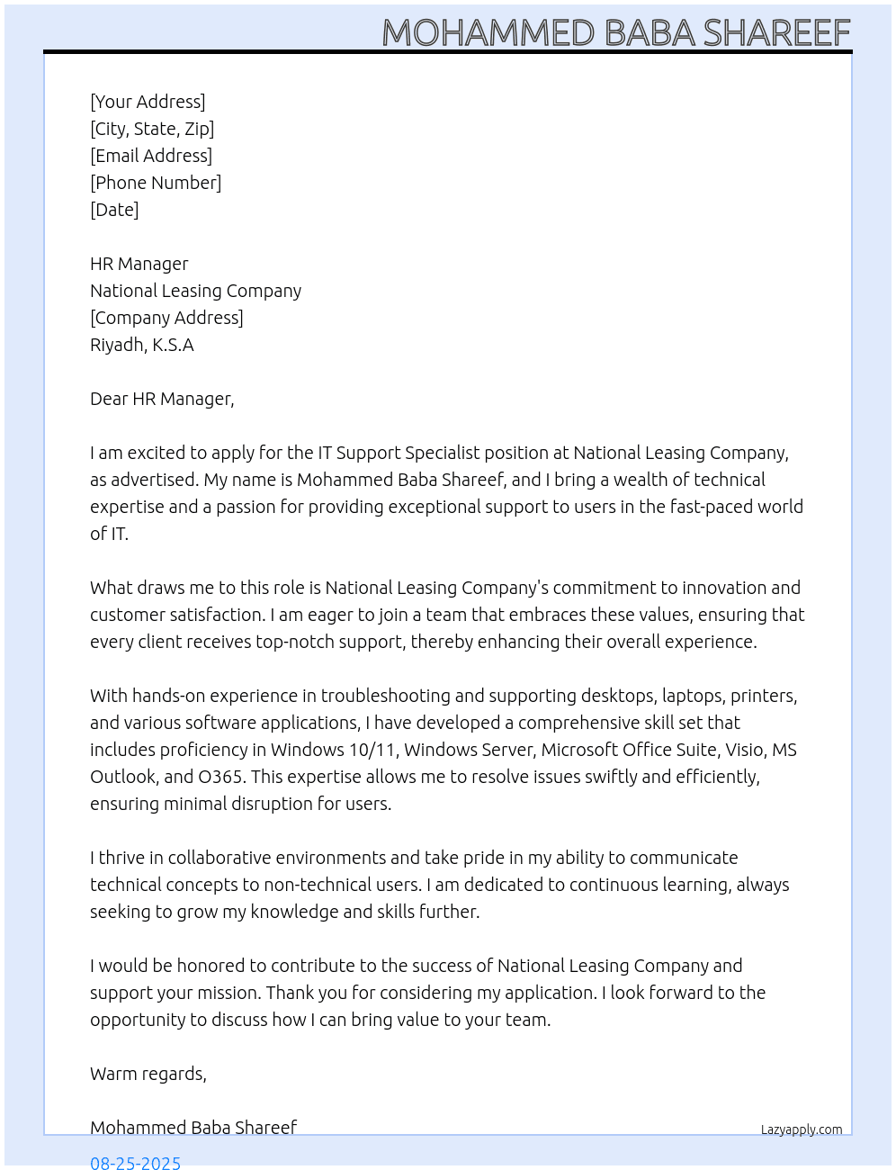 IT Support Specialist At National Leasing Company Cover Letter