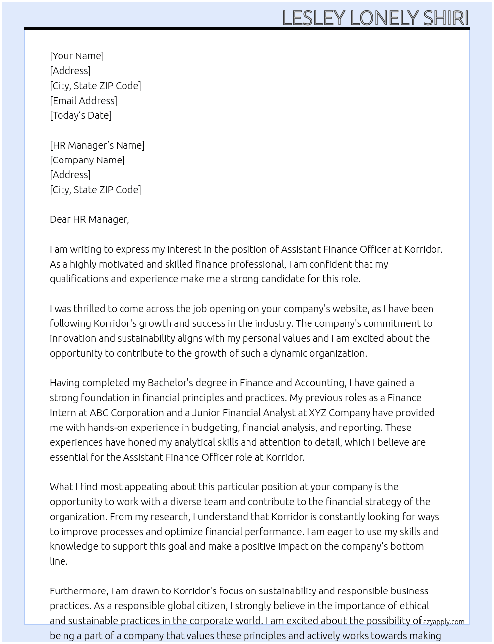 assistant finance officer At korridor Cover Letter