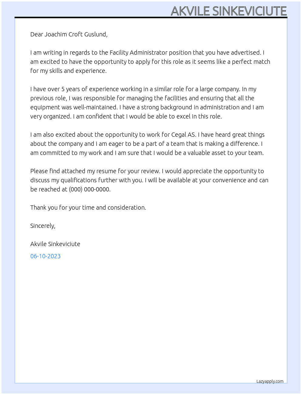 Facility Administrator At Cegal AS Cover Letter