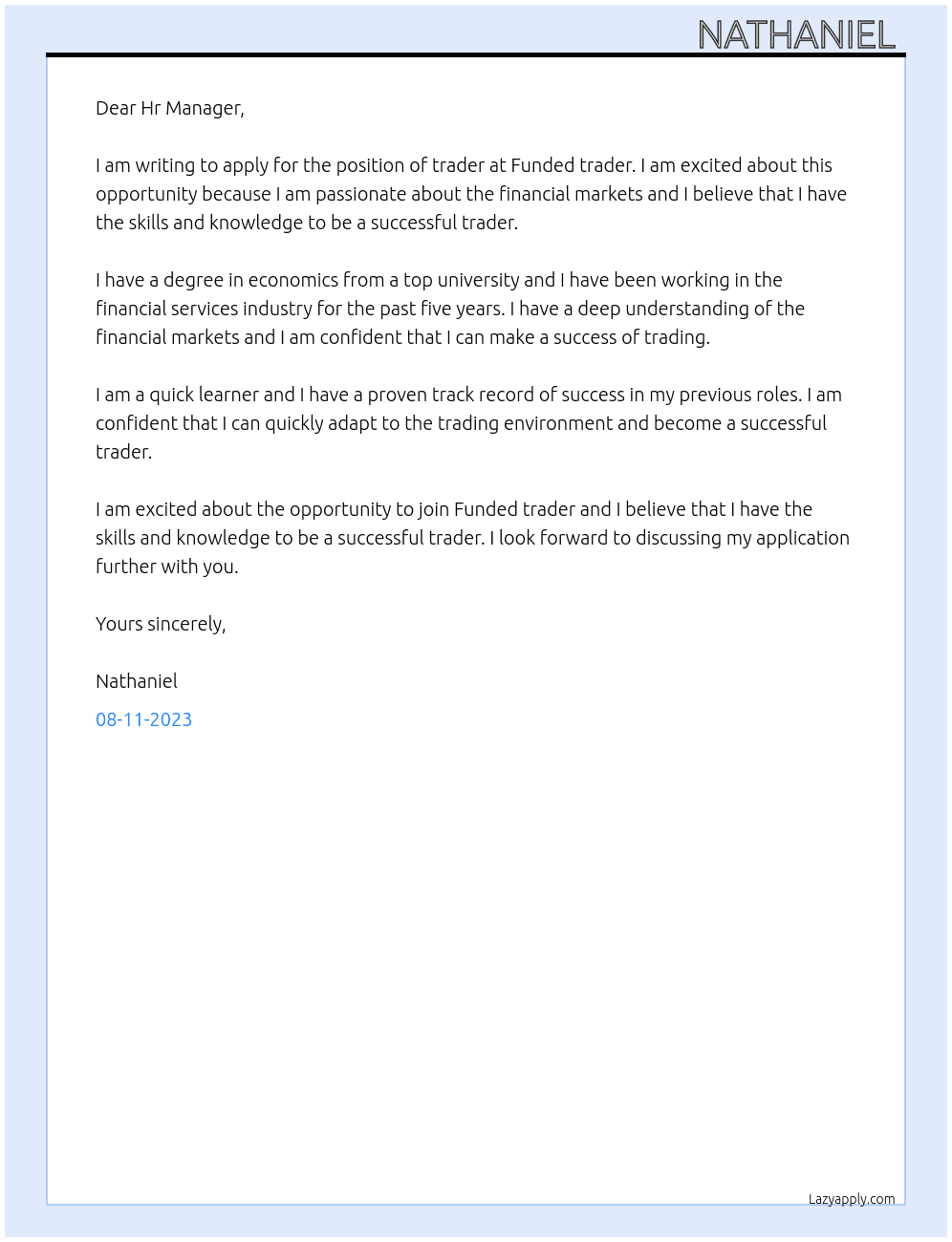 trader  At Funded trader  Cover Letter