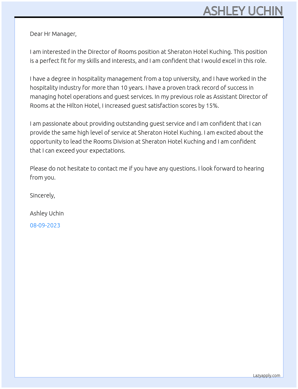 Director of Rooms At Sheraton Hotel Kuching Cover Letter