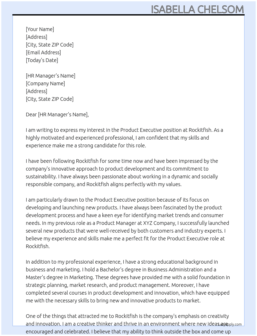 Product Executive  At Rockitfish Cover Letter