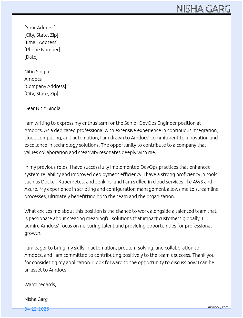 senior devops engineer At amdocs Cover Letter