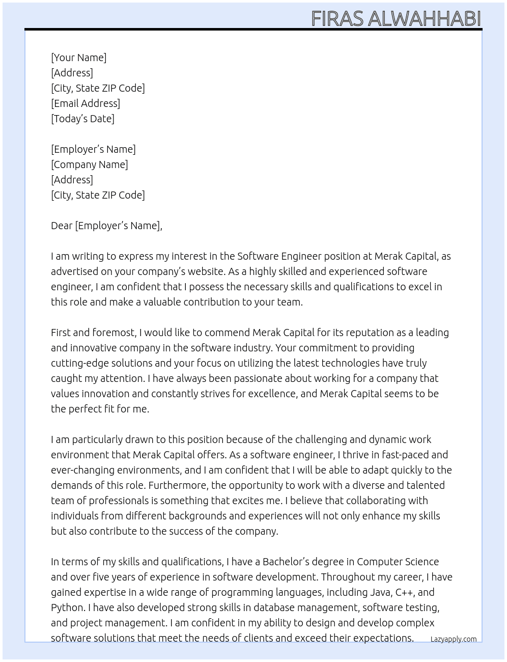 Software engineer At Merak Capital Cover Letter