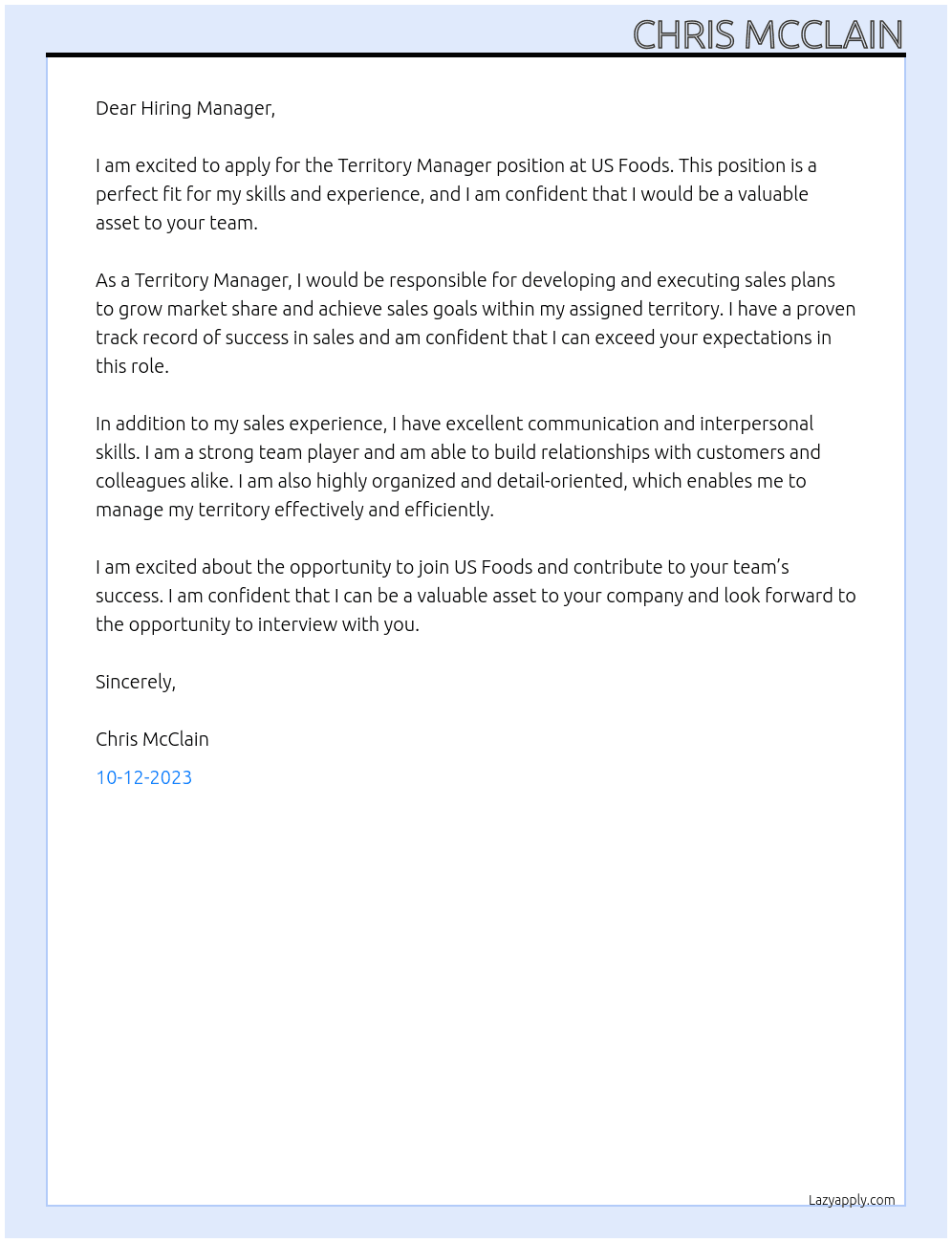 Territory Manager At US Foods Cover Letter