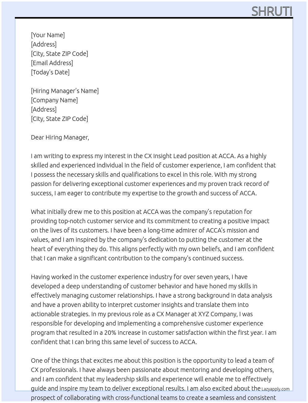 CX Insight lead At ACCA Cover Letter