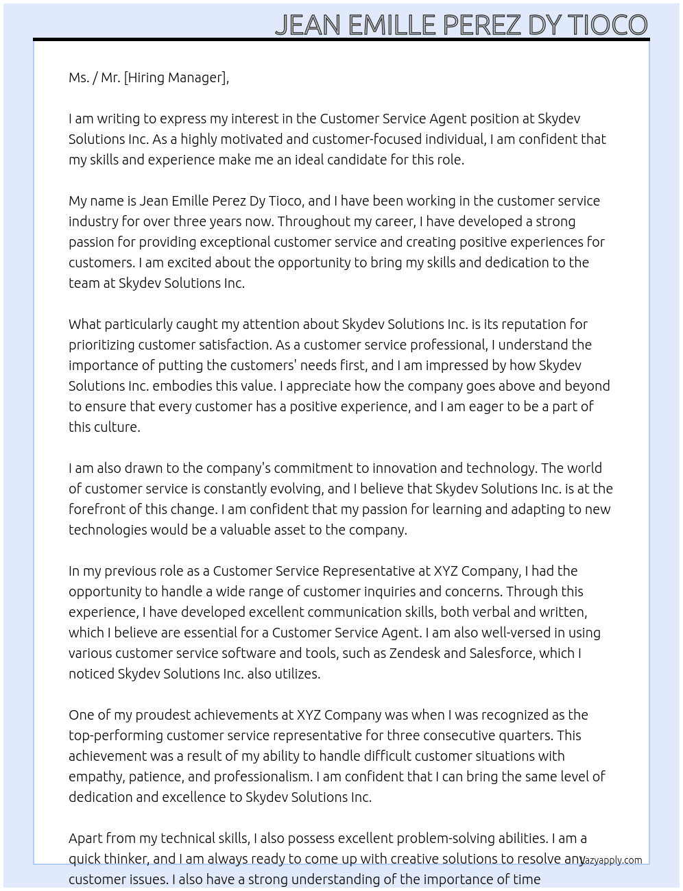 Customer Service Agent At Skydev Solutions Inc. Cover Letter