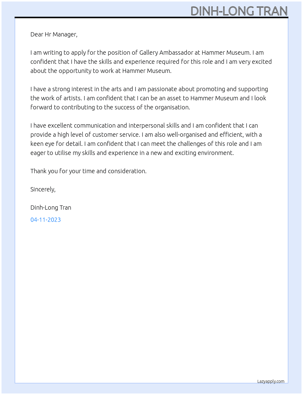 GALLERY AMBASSADOR At Hammer Museum Cover Letter