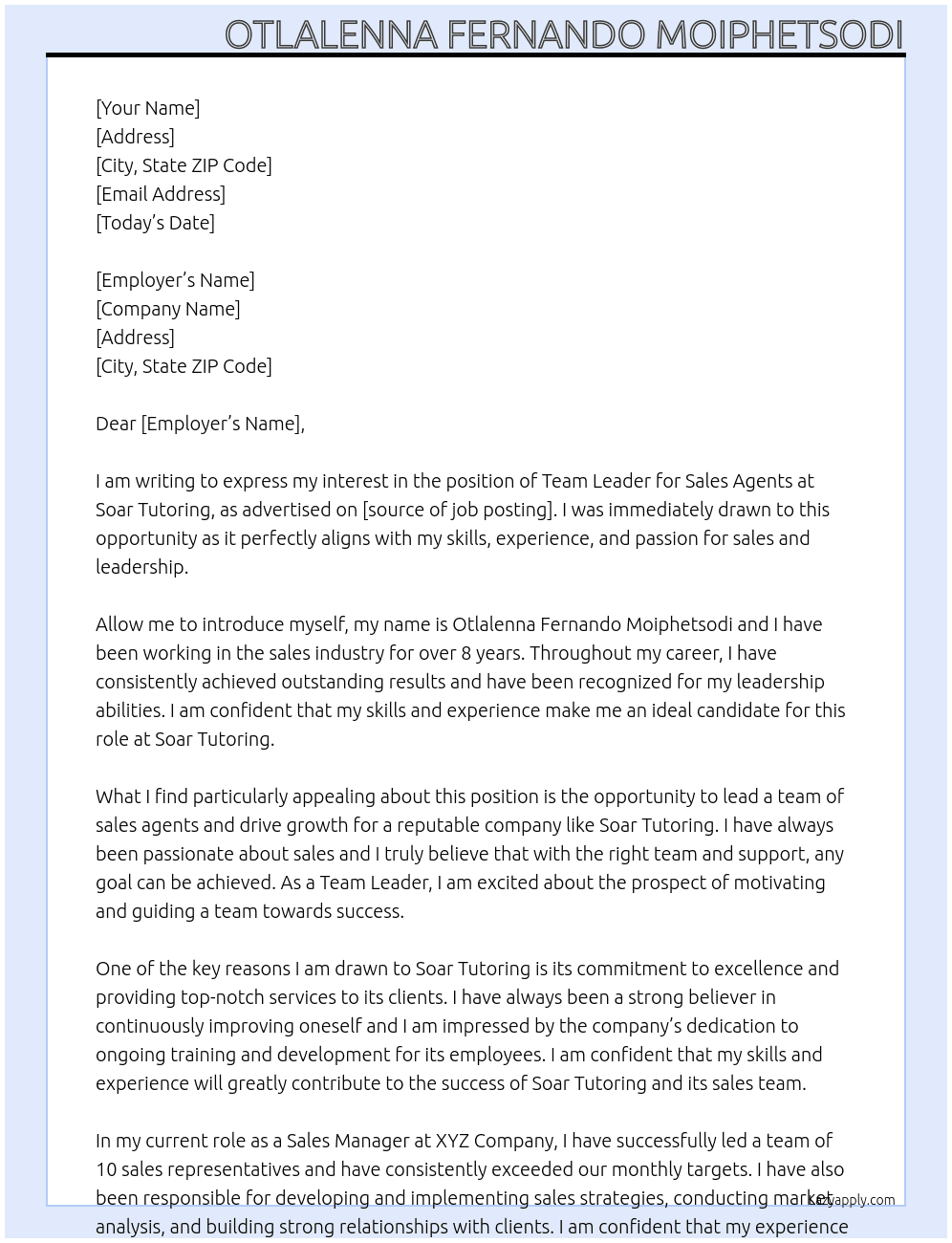 Team Leader - Sales Agents At Soar Tutoring Cover Letter