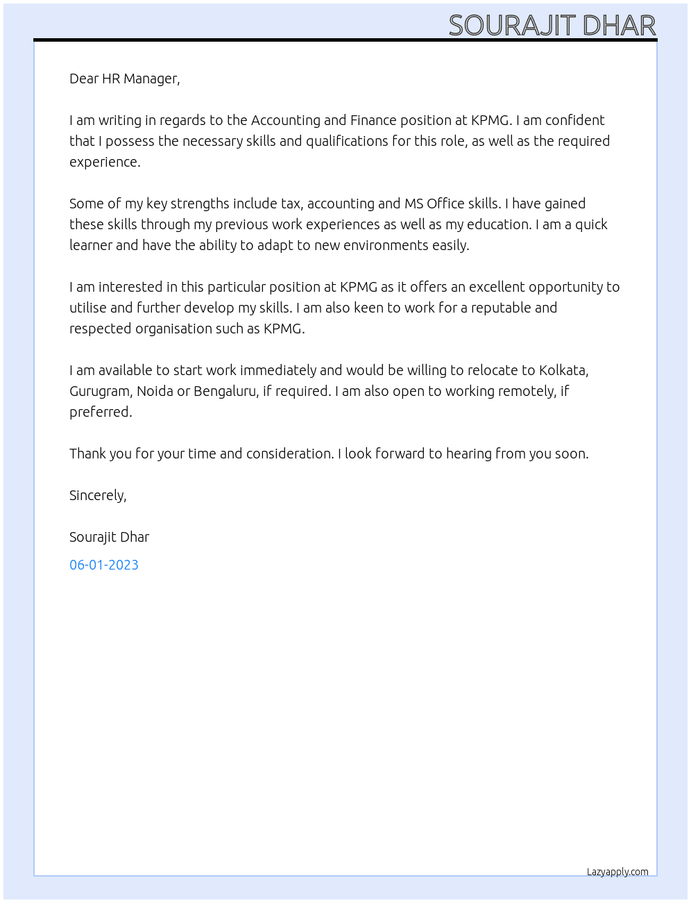 Accounting and Finance At KPMG Cover Letter