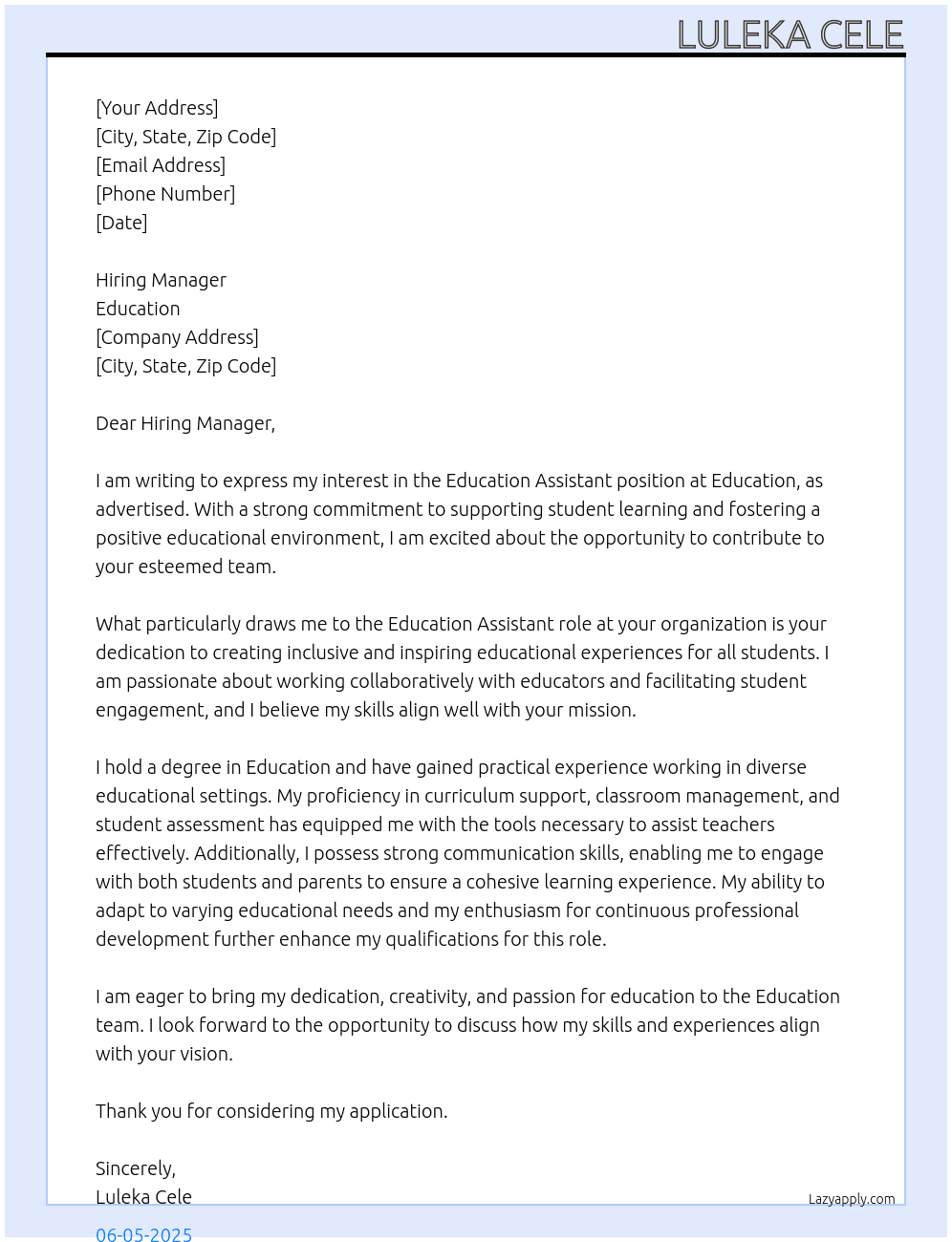 Education assistant At Education Cover Letter
