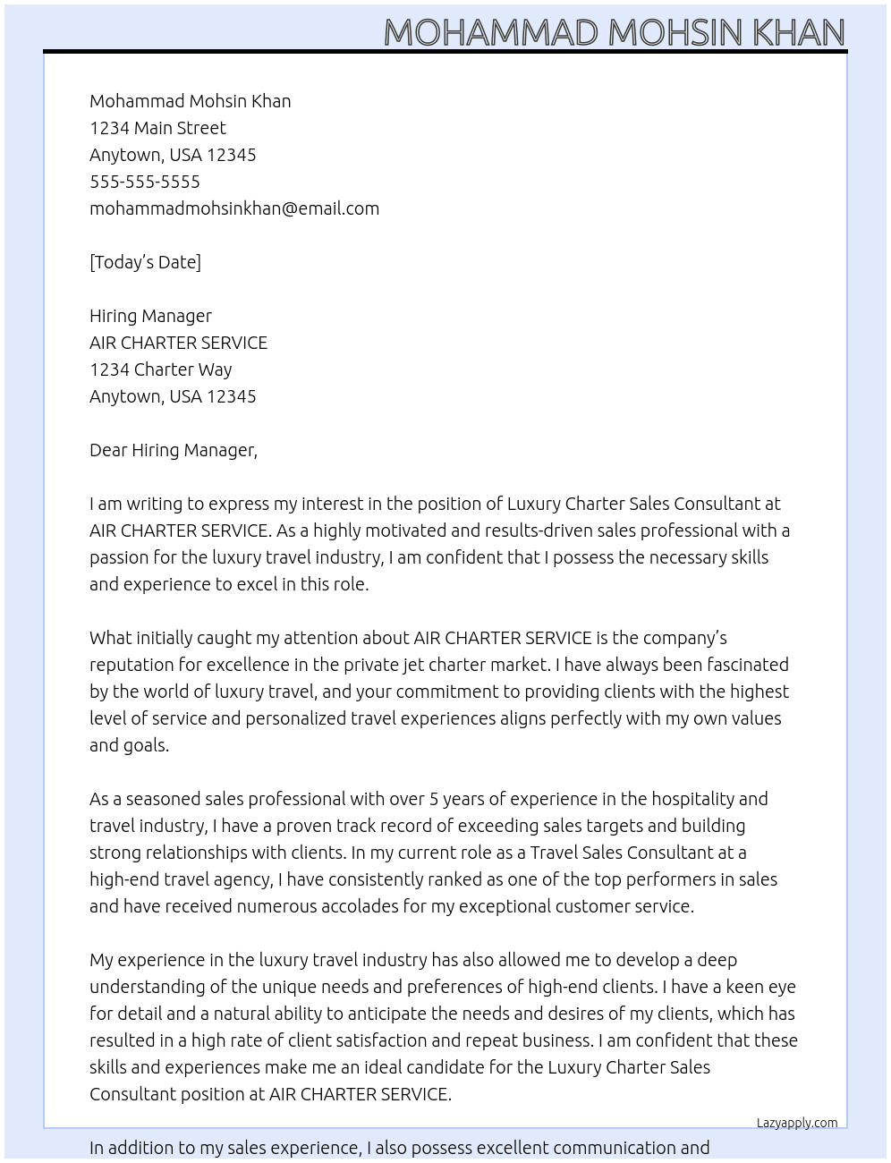 Luxury Charter Sales Consultant At AIR CHARTER SERVICE Cover Letter
