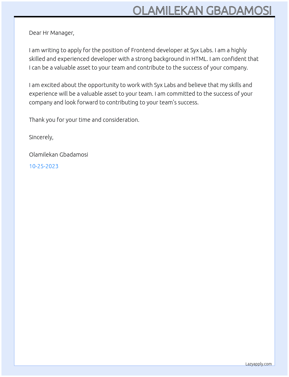 Frontend developer  At Syx Labs Cover Letter