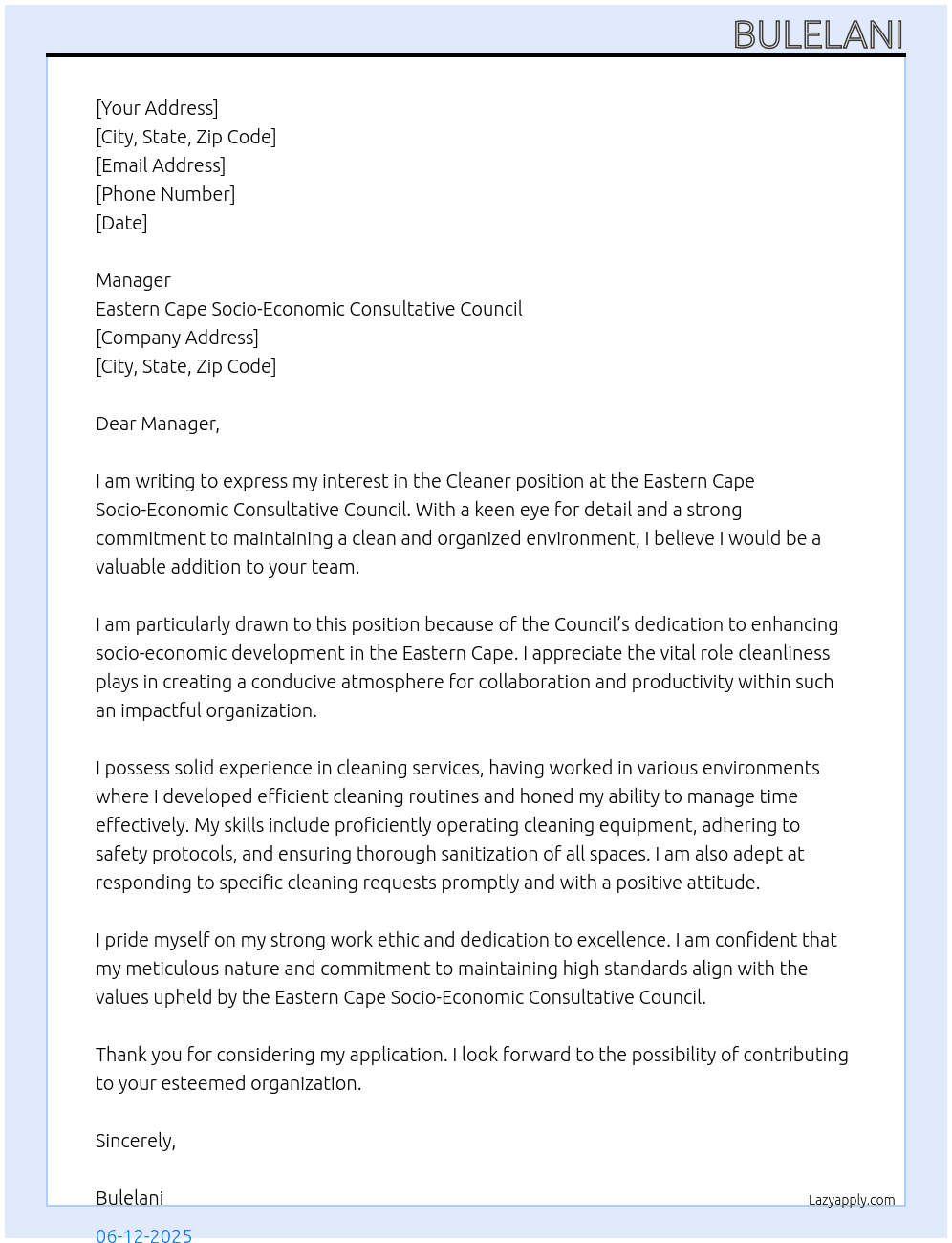Cleaner At Eastern Cape Socio-Economic Consultative Counci Cover Letter