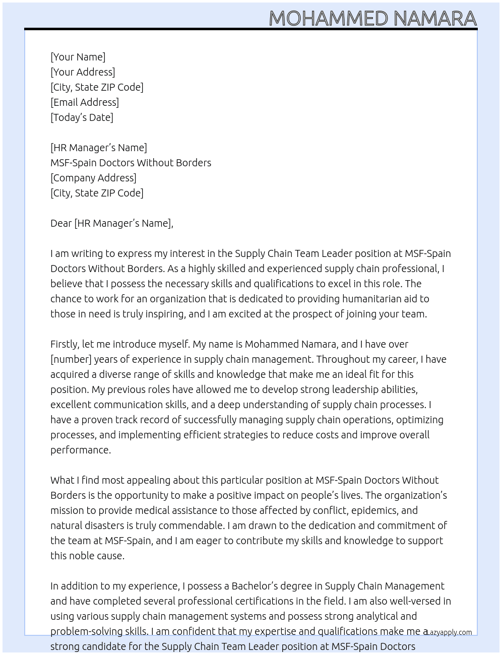 Supply Chain Team Leader At MSF-Spain Doctors Without Borders  Cover Letter