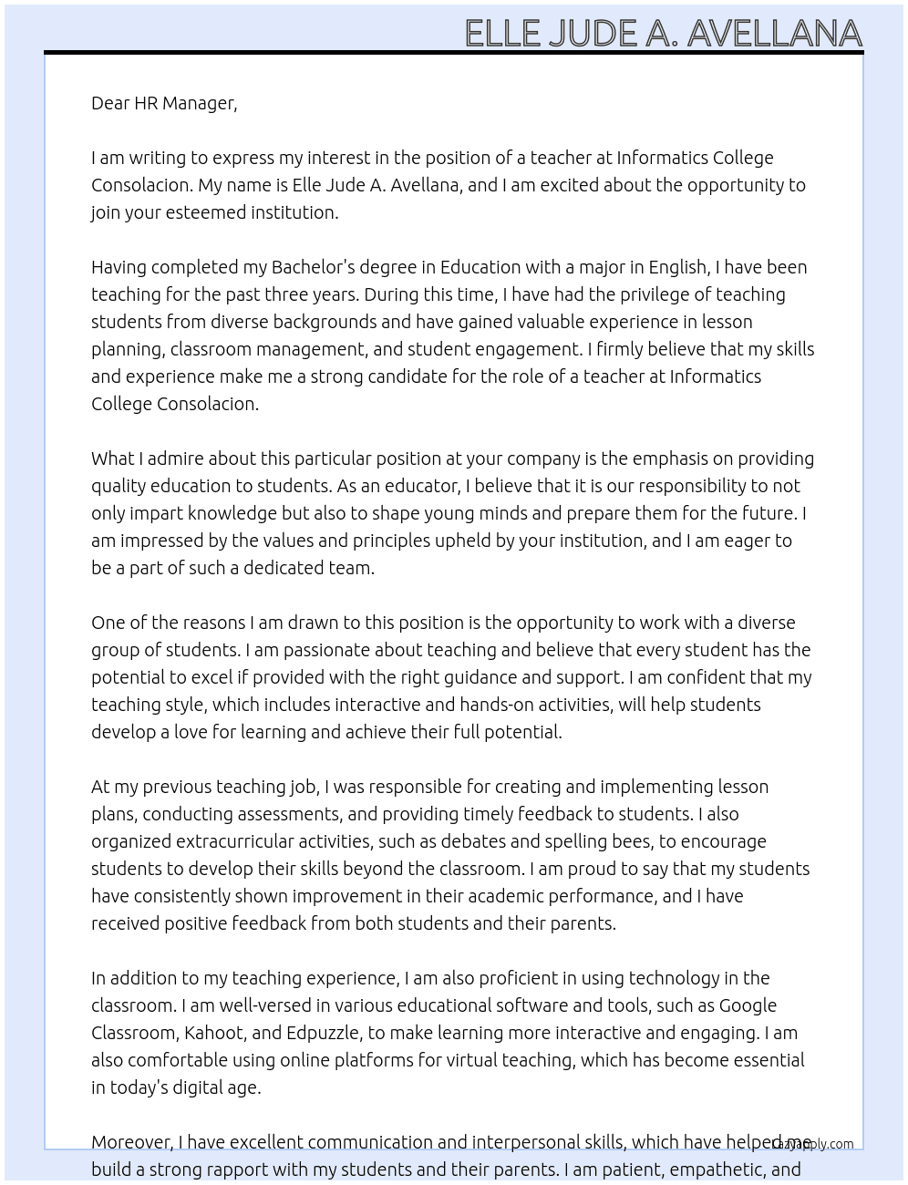 Teacher At Informatics College Consolacion Cover Letter