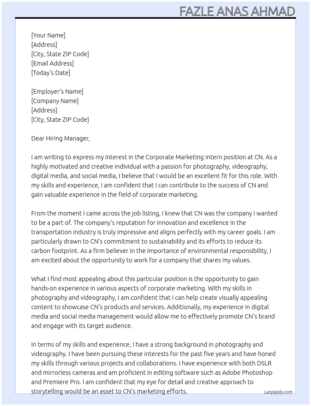 corporate marketing intern At CN Cover Letter