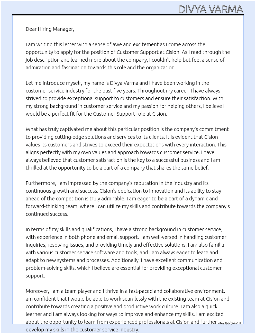 Customer Support At Cision Cover Letter
