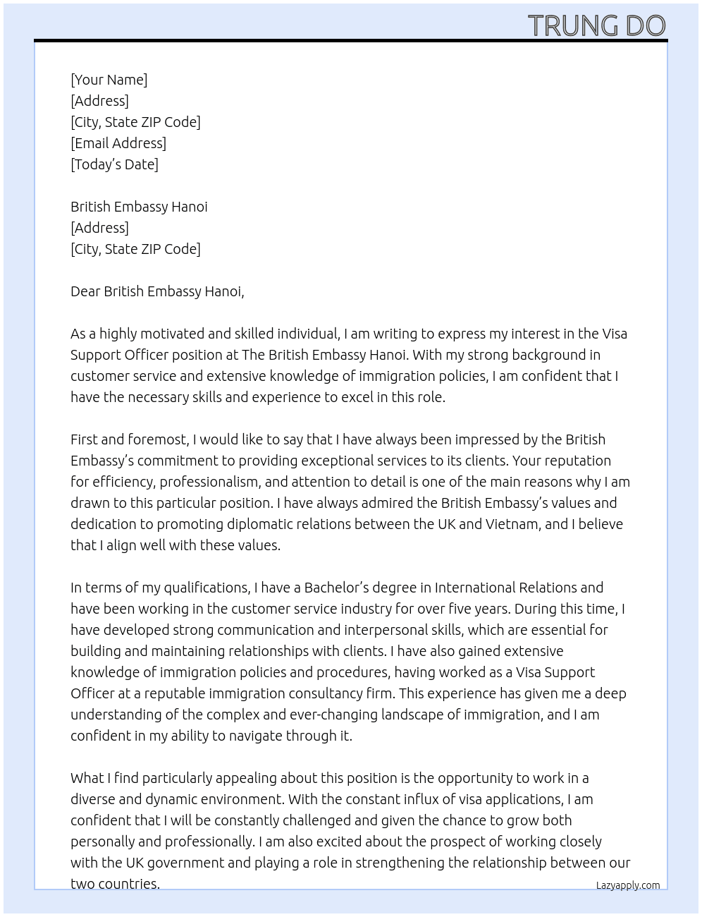 Visa Support Officer At The British Embassy Hanoi Cover Letter