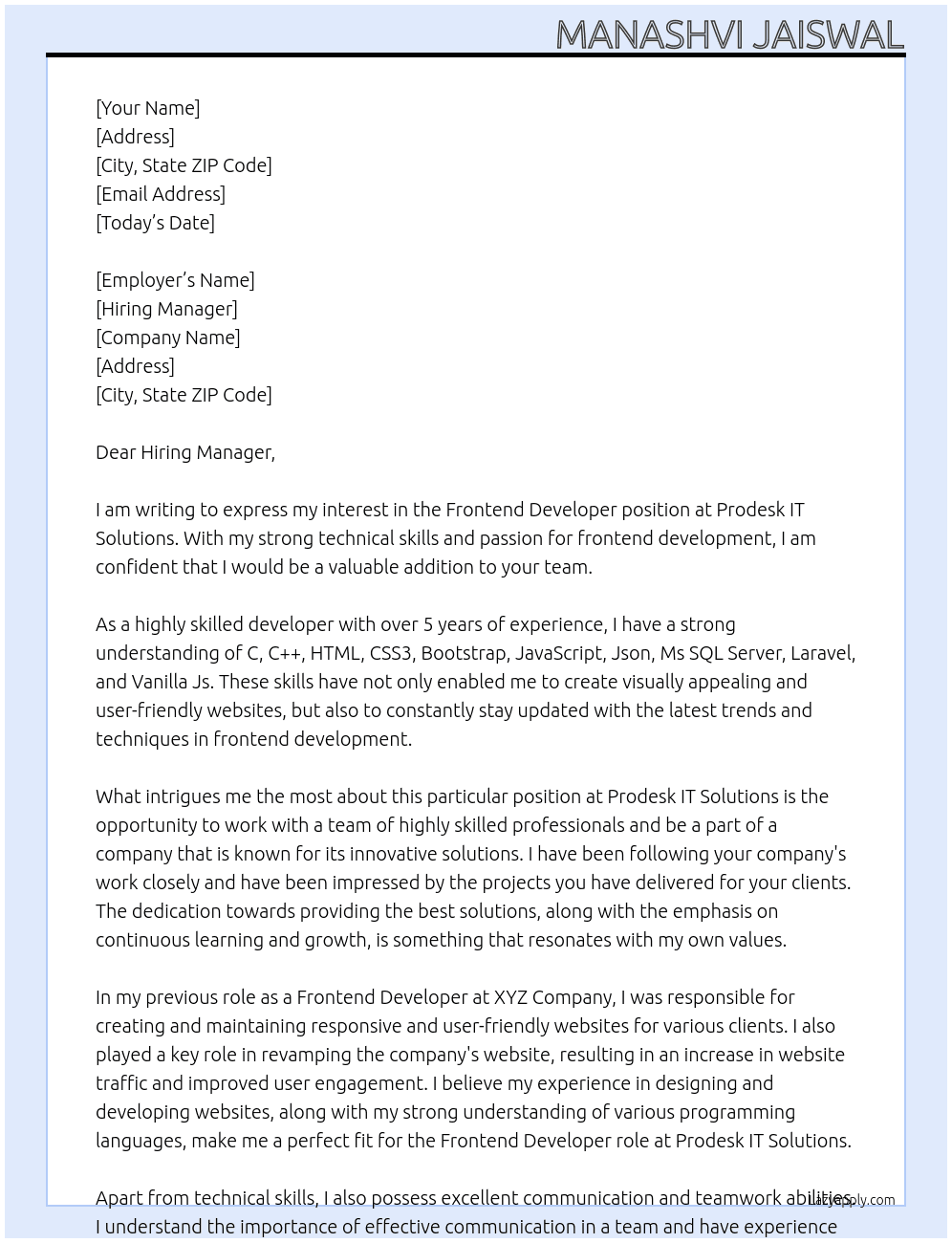 Frontend developer  At Prodesk IT sulutions Cover Letter