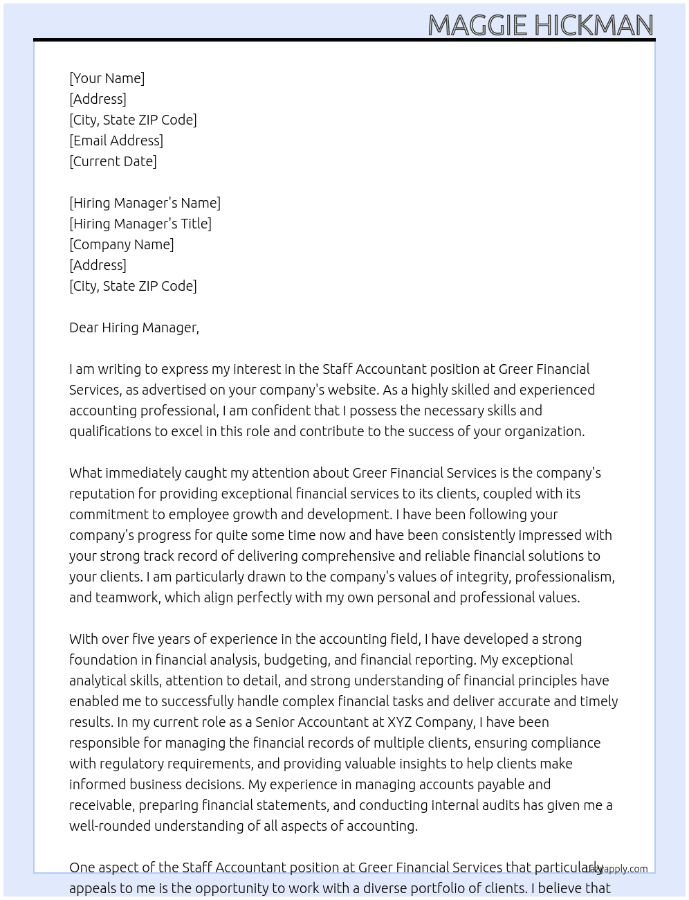 Staff Accountant At Greer Financial Services Cover Letter