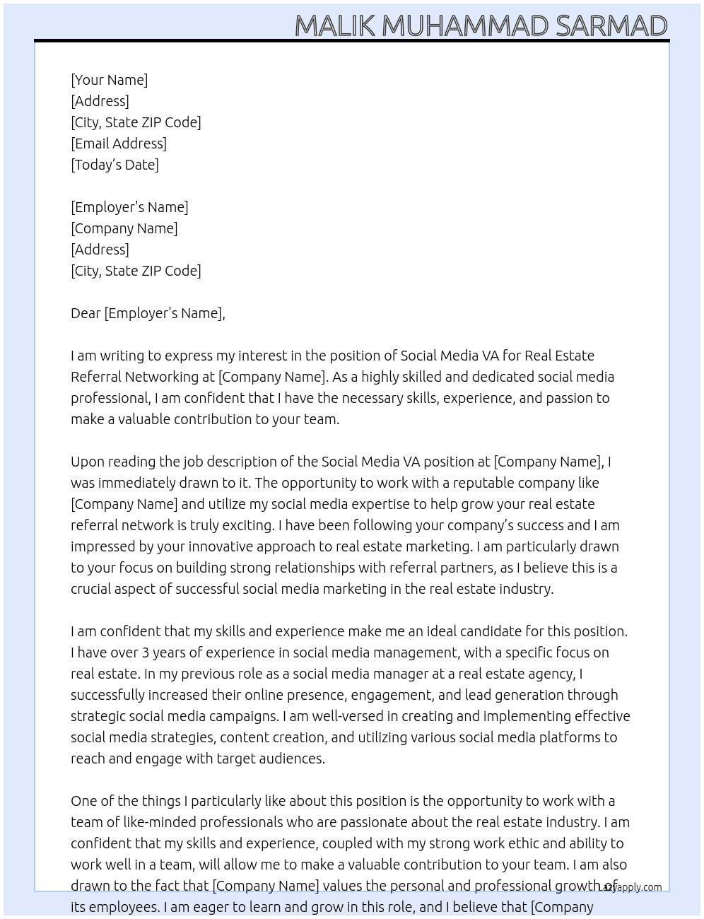 Social Media VA At Upwork Job Cover Letter