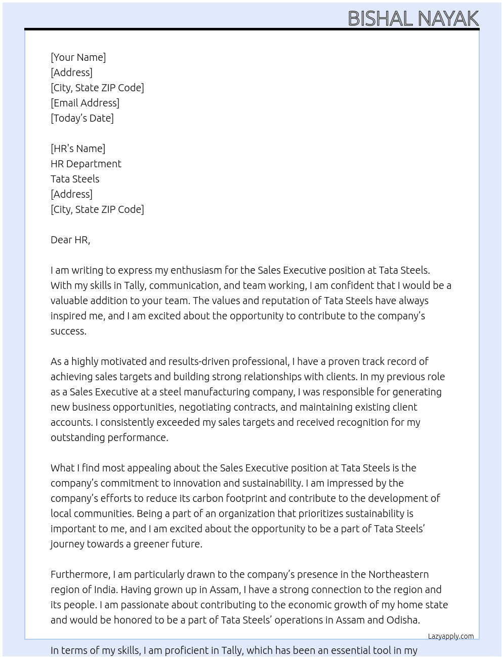Sale executive At Tata Steels Cover Letter
