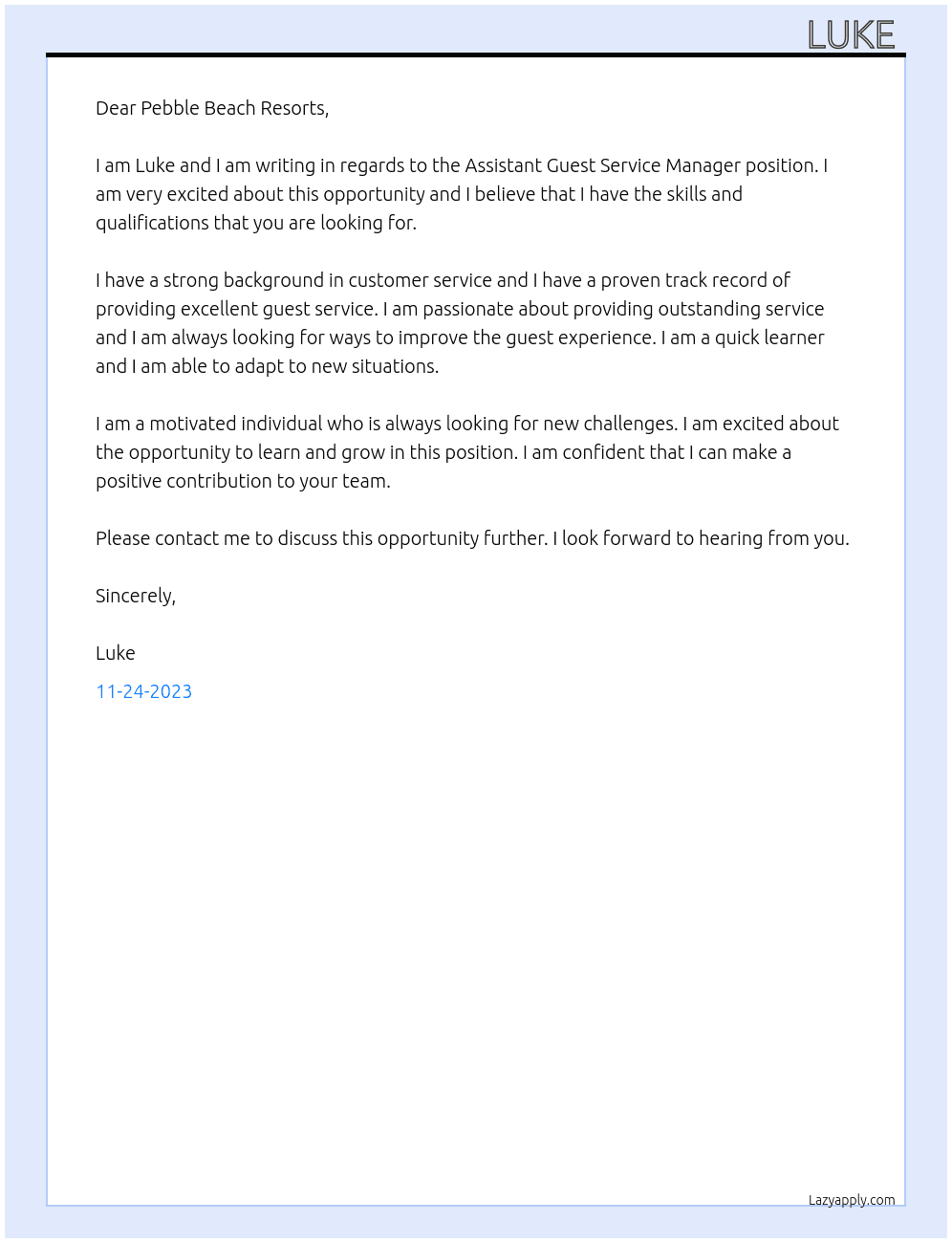 Assistant Guest Service Manager At Pebble Beach Resorts Cover Letter