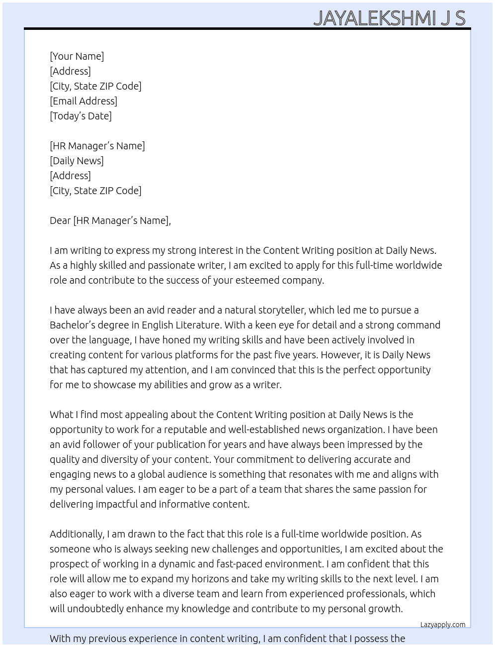 Content writing  At Daily News  Cover Letter