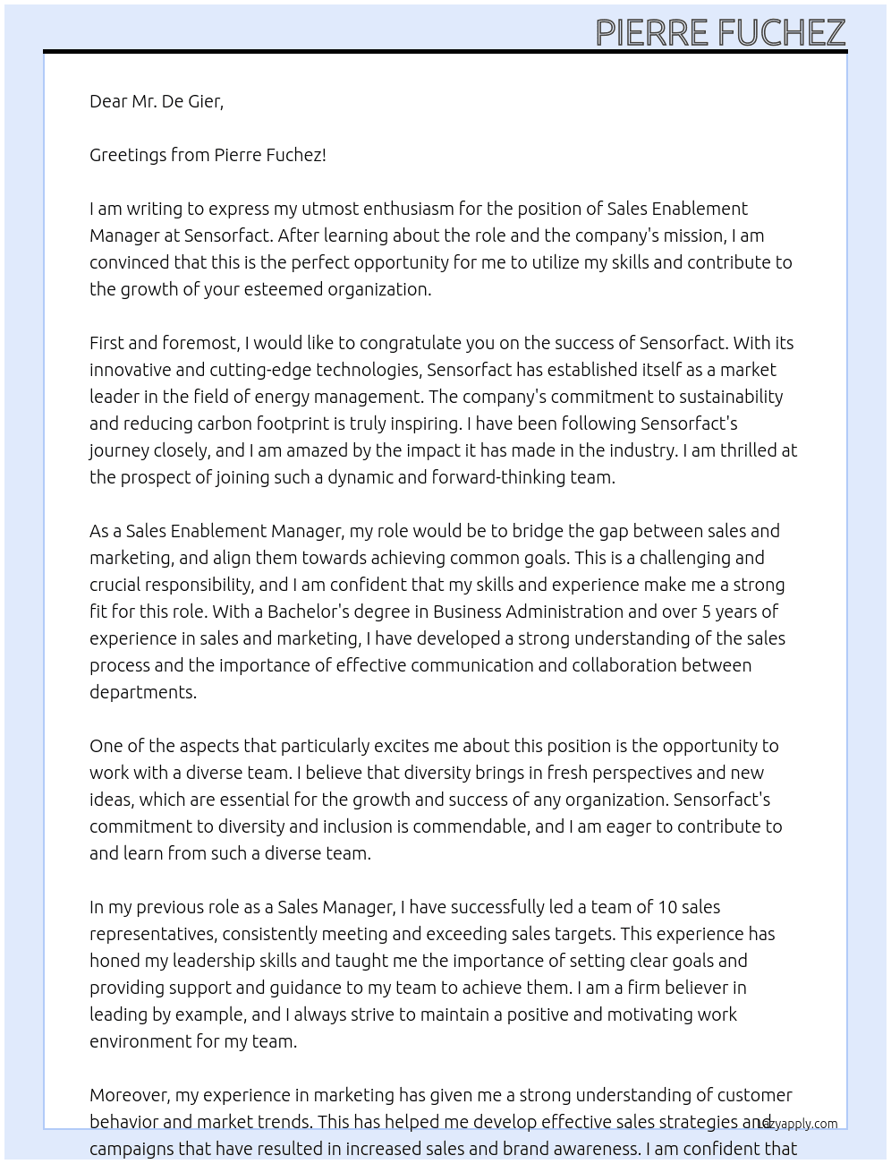 Sales Enablement Manager At Sensorfact Cover Letter
