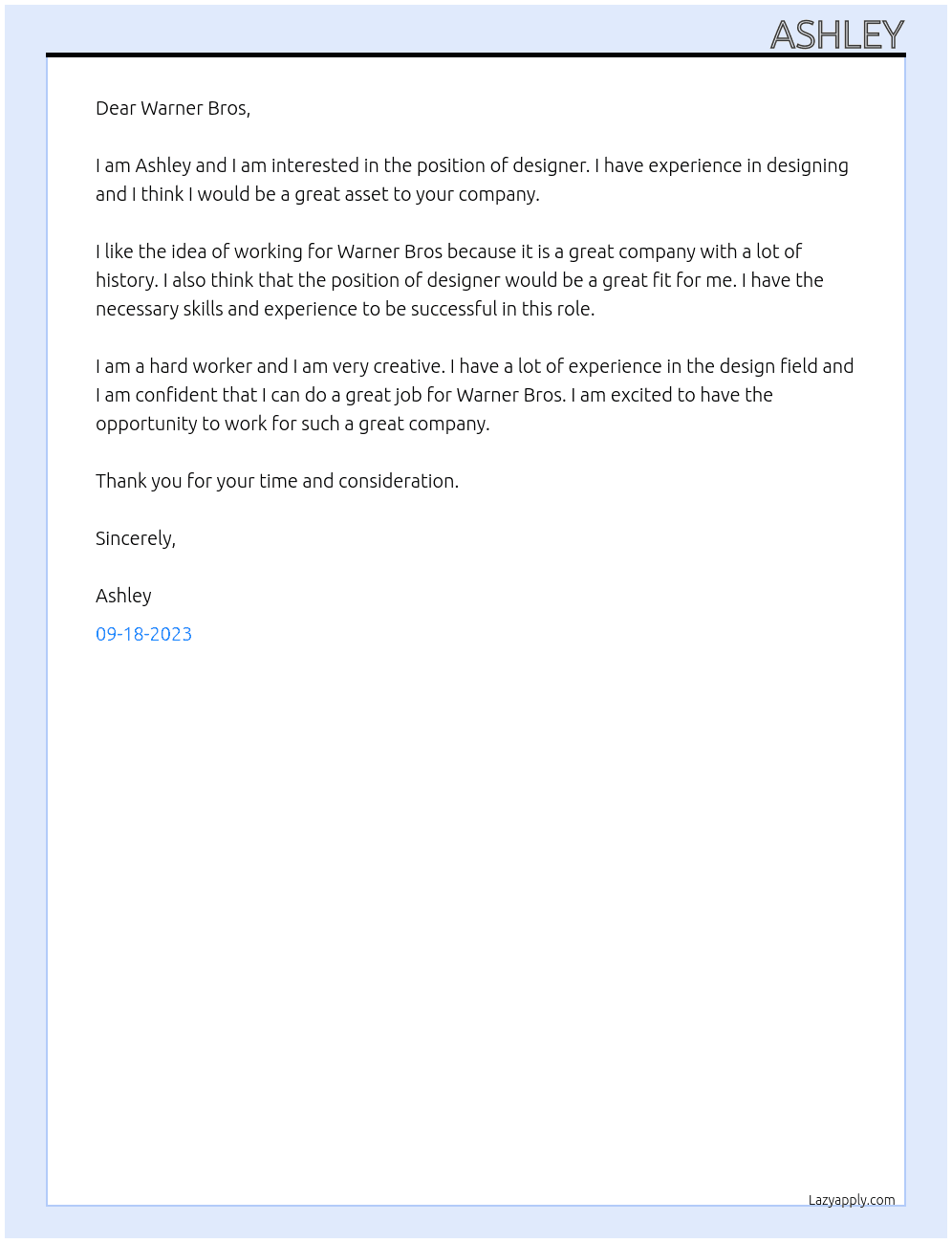 designer At Warner Bros Cover Letter