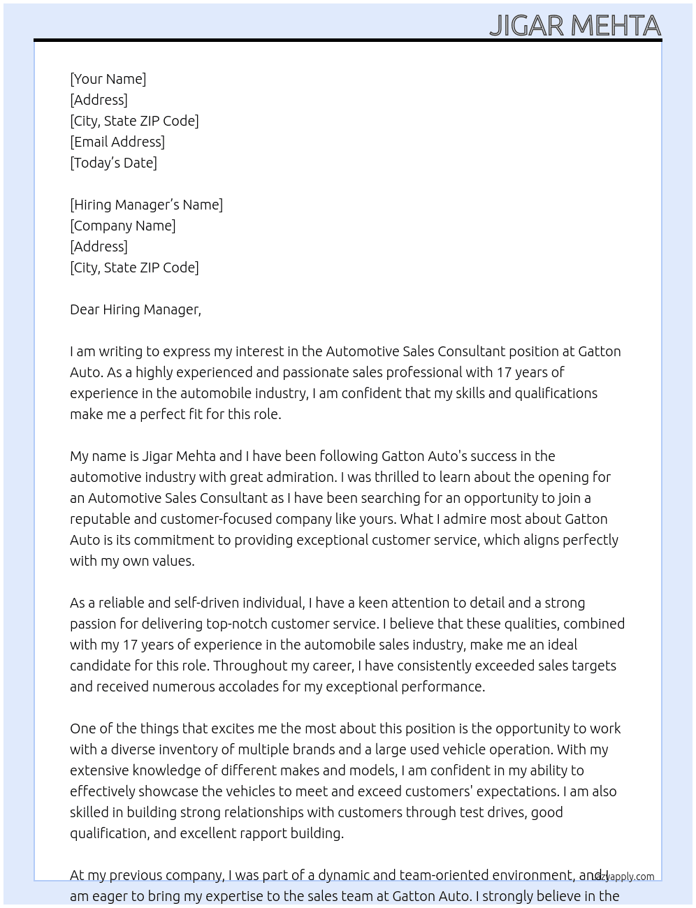 Automotive Sales Consultant At Gatton Auto Cover Letter