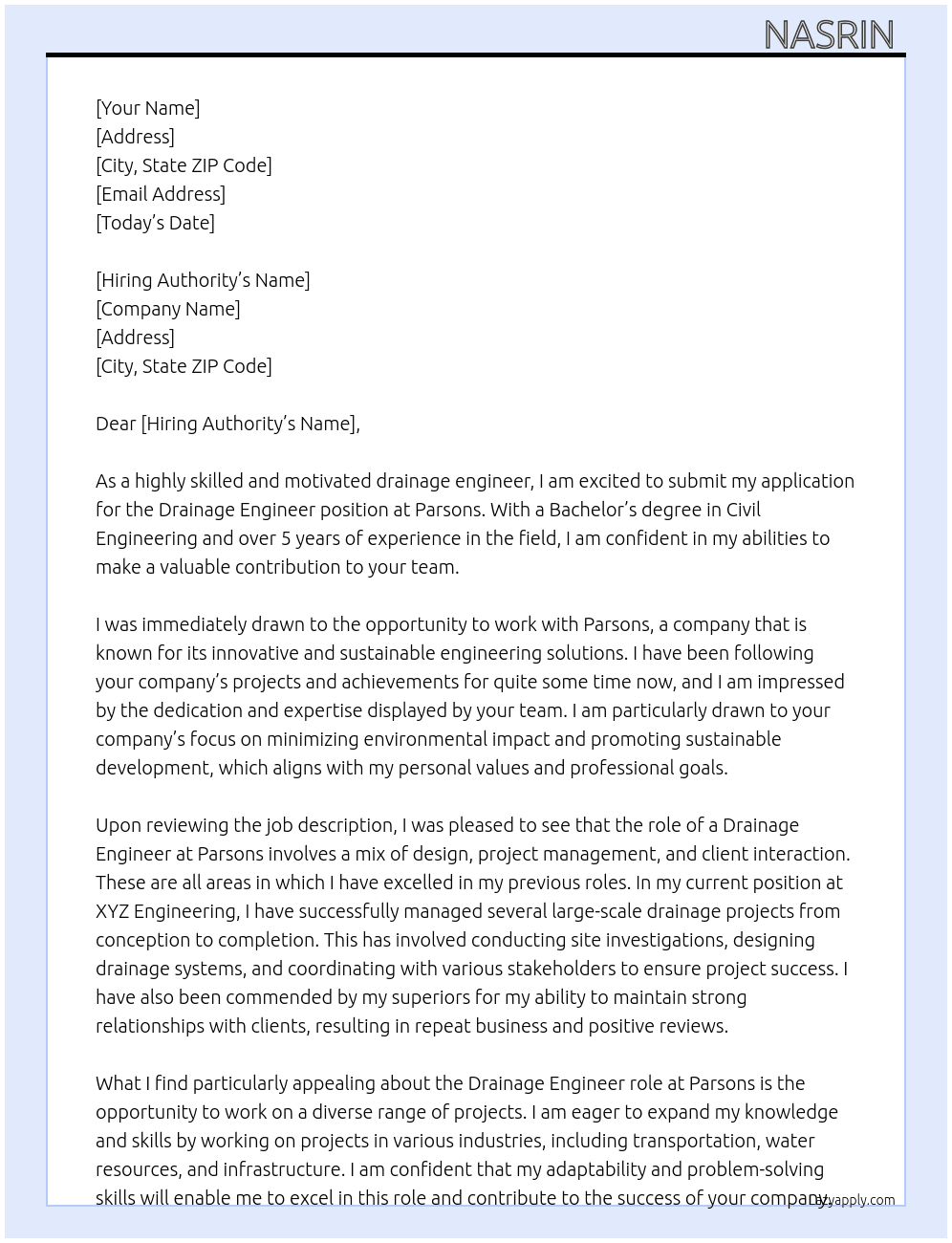 Drainage engineer  At Parsons Cover Letter