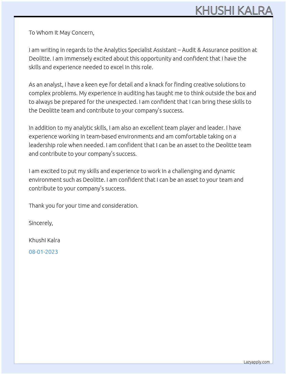Analytics Specialist Assistant – Audit & Assurance At Deolitte Cover Letter