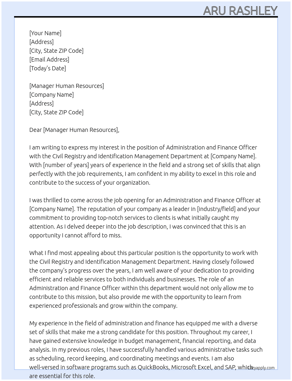 Administration and Finance Officers with the Civil Registry and Identification Management Department At Civil Registry and Identification Management Department Cover Letter