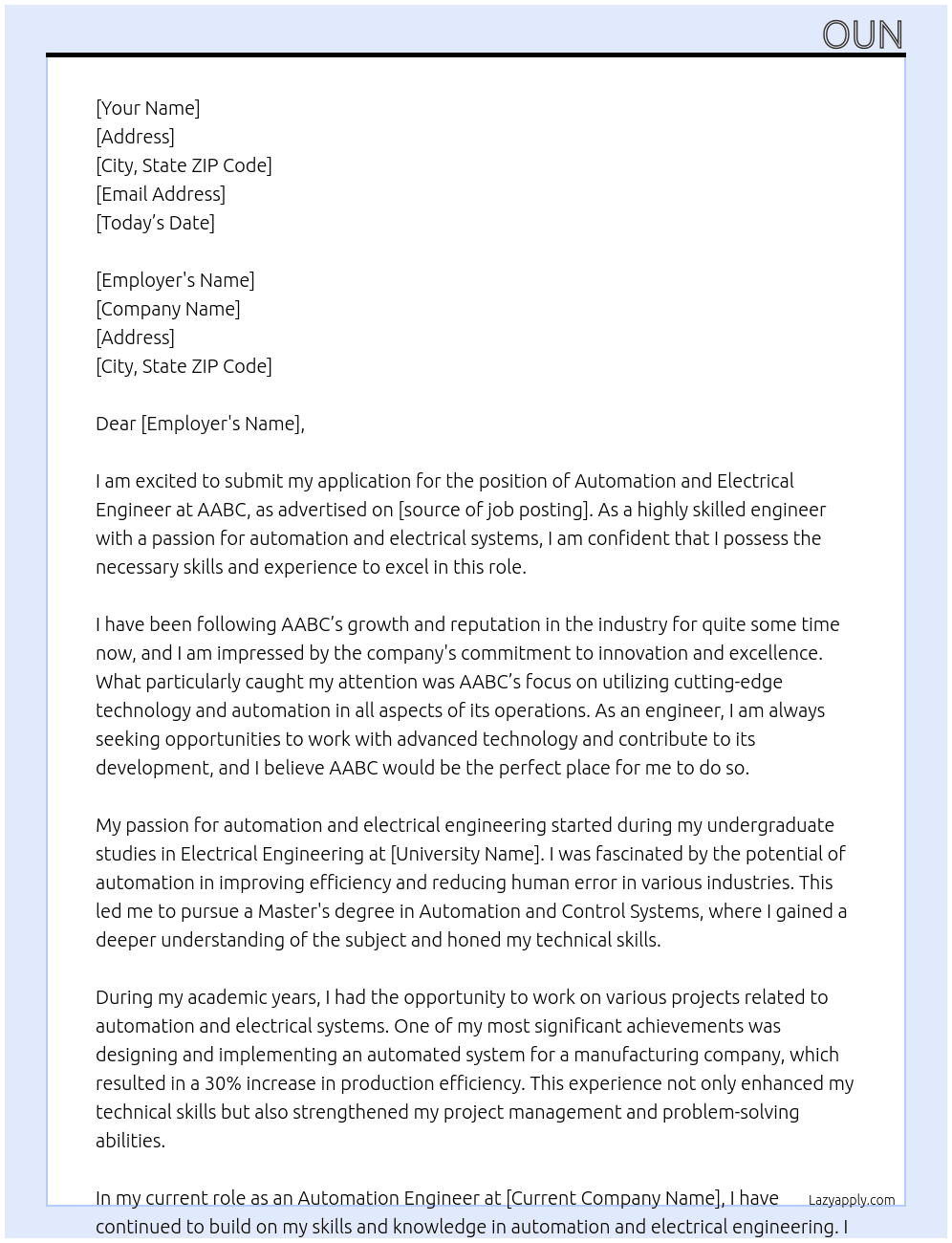 Automation and Electrical Engineer At AABC Cover Letter